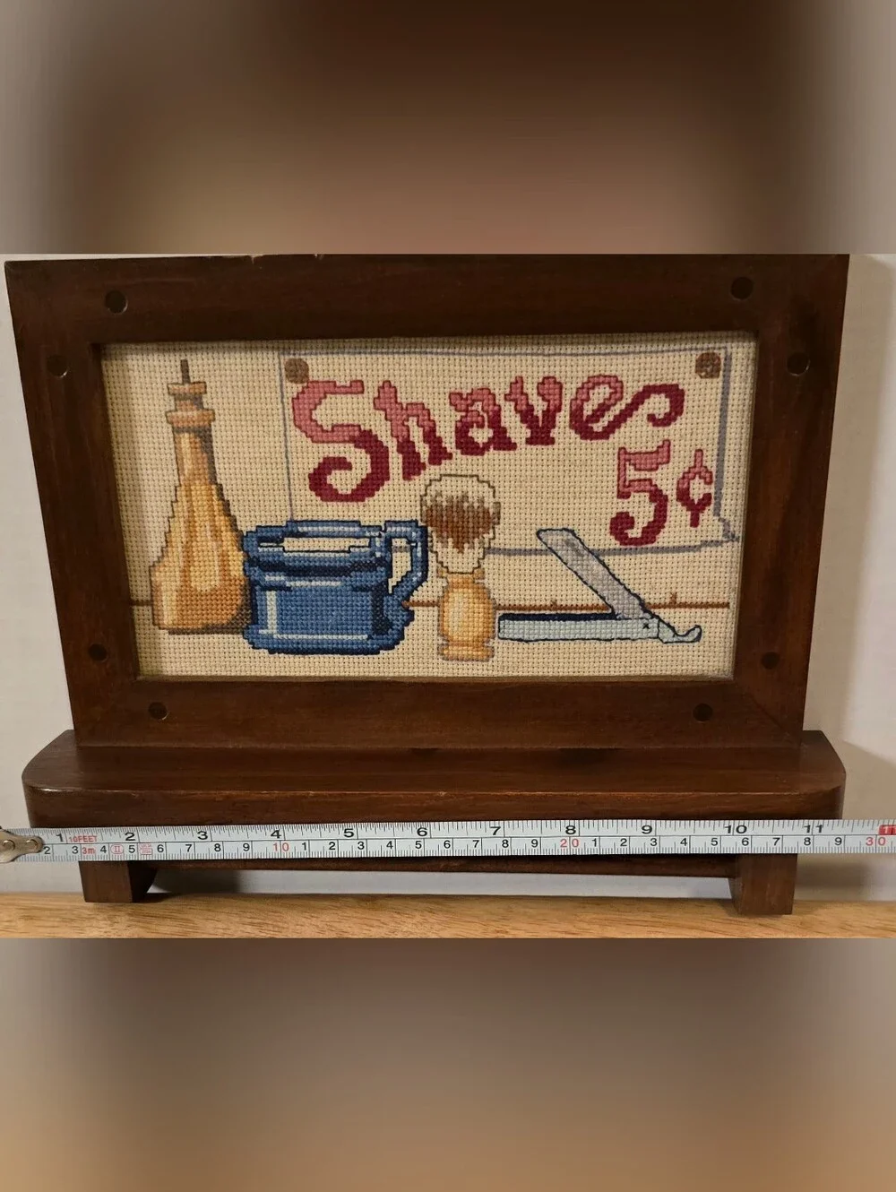 Vintage Needlepoint Shaving Sign Wooden Bathroom Shelf Towel Rack Shaves 5 Cents